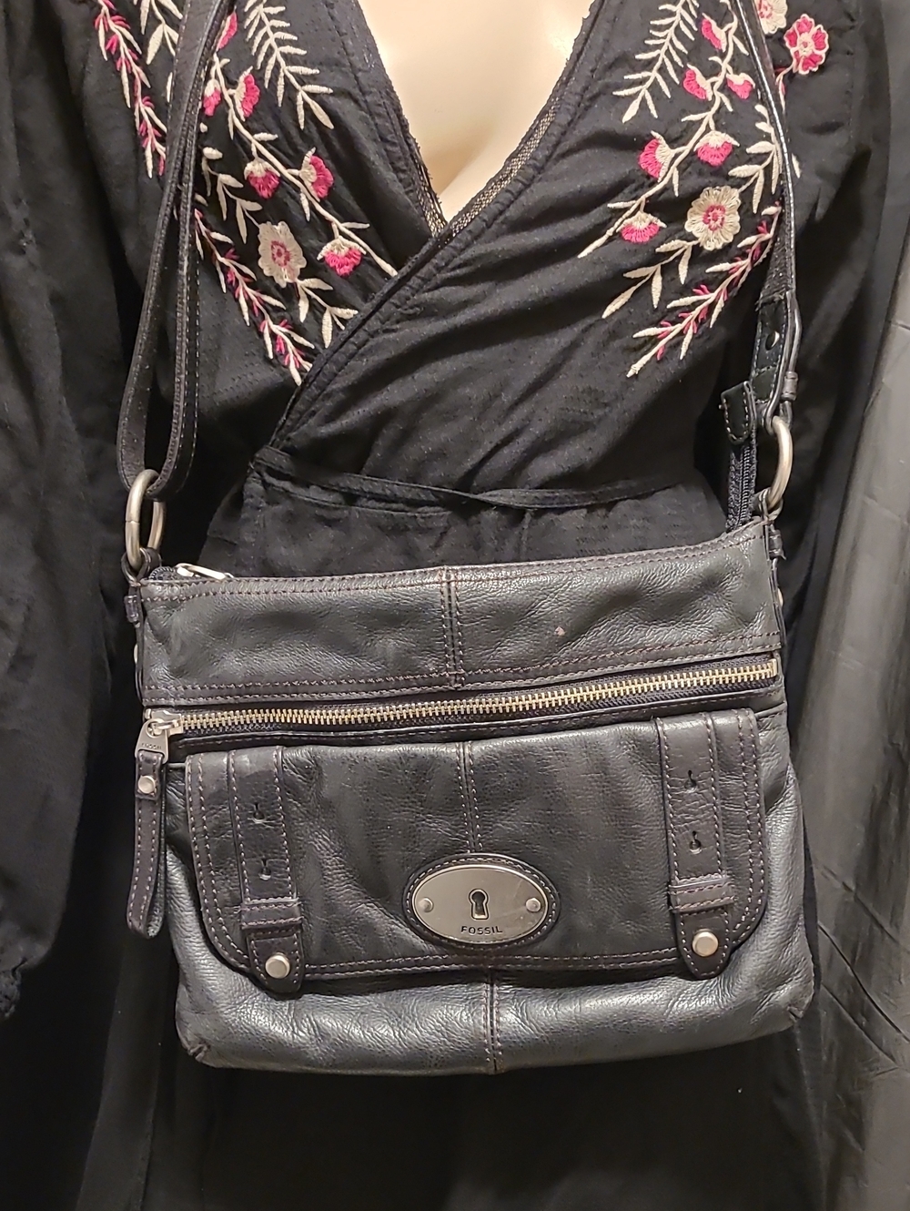 Fossil Black Leather Crossbody Bag